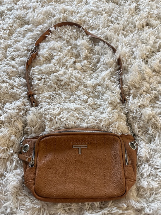 Tahari Accessories - Tahari Tan Pebbled Leather Crossbody with Silver-T Logo